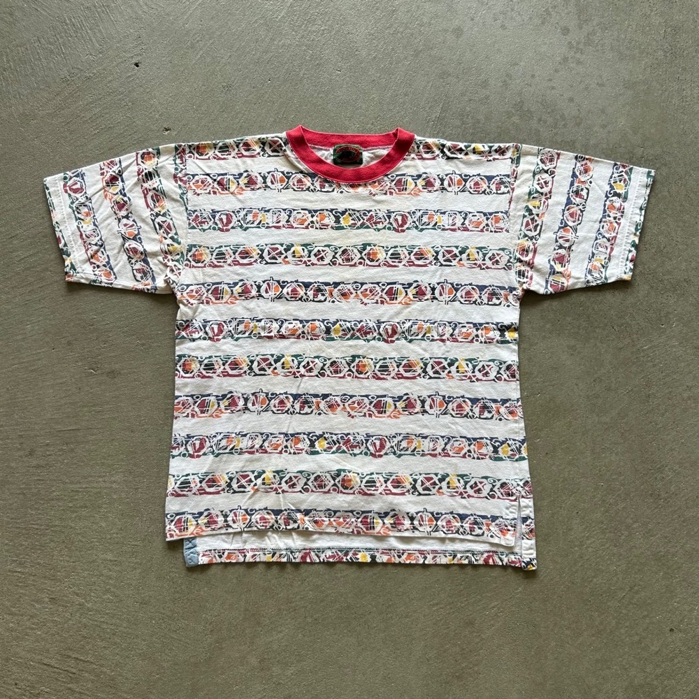 Vintage 90s Boston‎ Traders Striped Shirt Size Large White Geometric Boho Indie